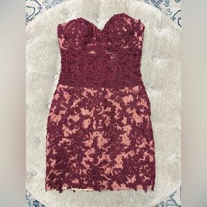LA FEMME Strapless Burgundy Fitted Lace Dress Sheer Midsection Prom Homecoming 0
